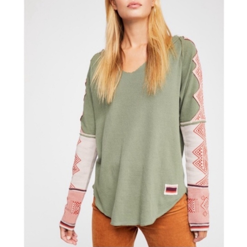 Free People Nordic long-sleeve notch v-neck mixed media top sz L green red pink